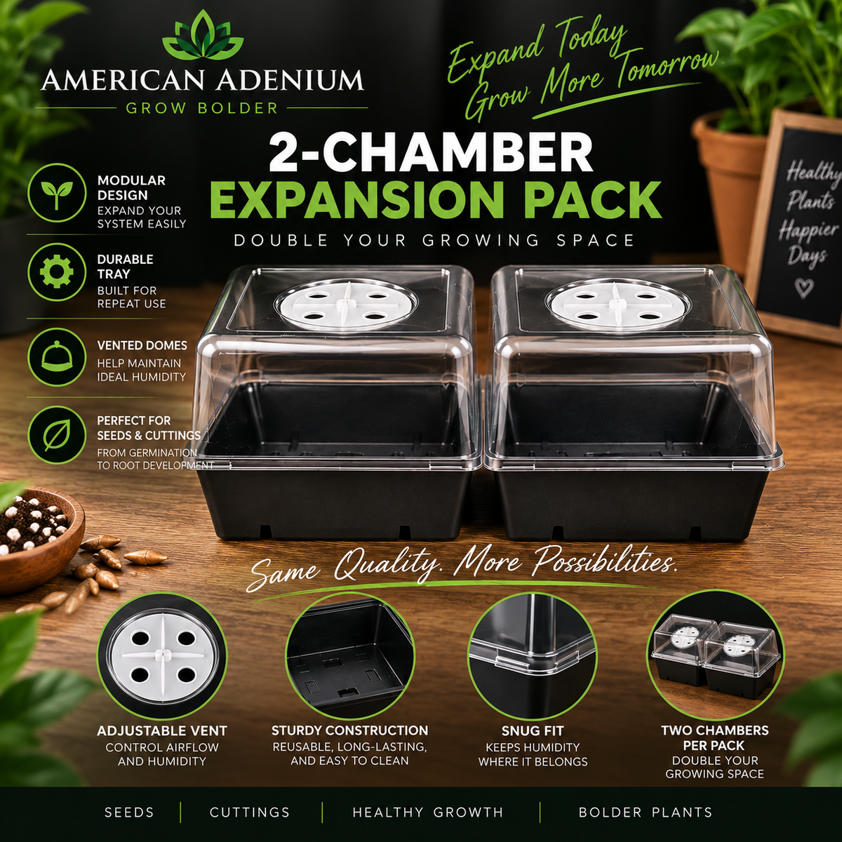 Two-chamber germination expansion pack with adjustable vents, reusable trays, and clear humidity domes