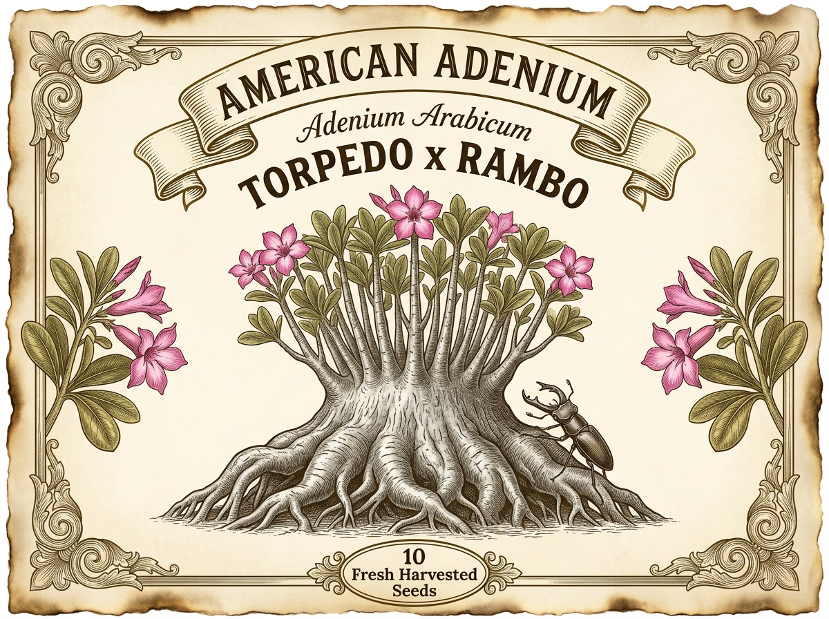 Adenium arabicum 'Torpido' × 'Rambo' — Broad-Shouldered Vertical Crown Hybrid Seeds