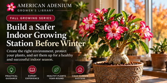 American Adenium indoor growing station before winter banner