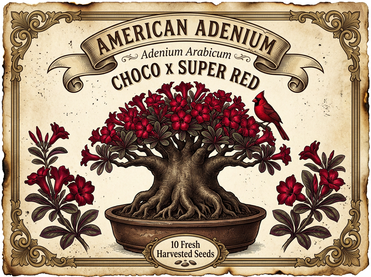 Adenium arabicum 'Choco' × 'Super Red' — Dark Chocolate Bark, Crimson Bloom Hybrid Seeds
