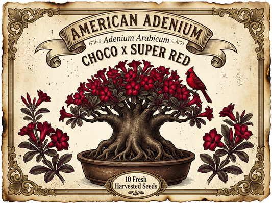 Adenium arabicum 'Choco' × 'Super Red' — Dark Chocolate Bark, Crimson Bloom Hybrid Seeds