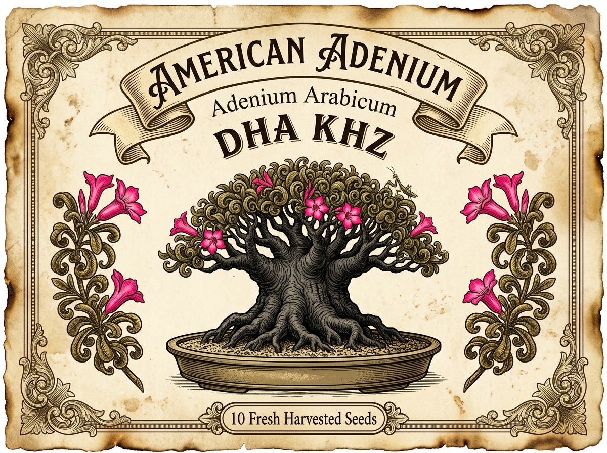 Adenium arabicum DHA KHZ, an ultra-compact Thai hybrid with curled Dorset Horn leaves over a squat caudex