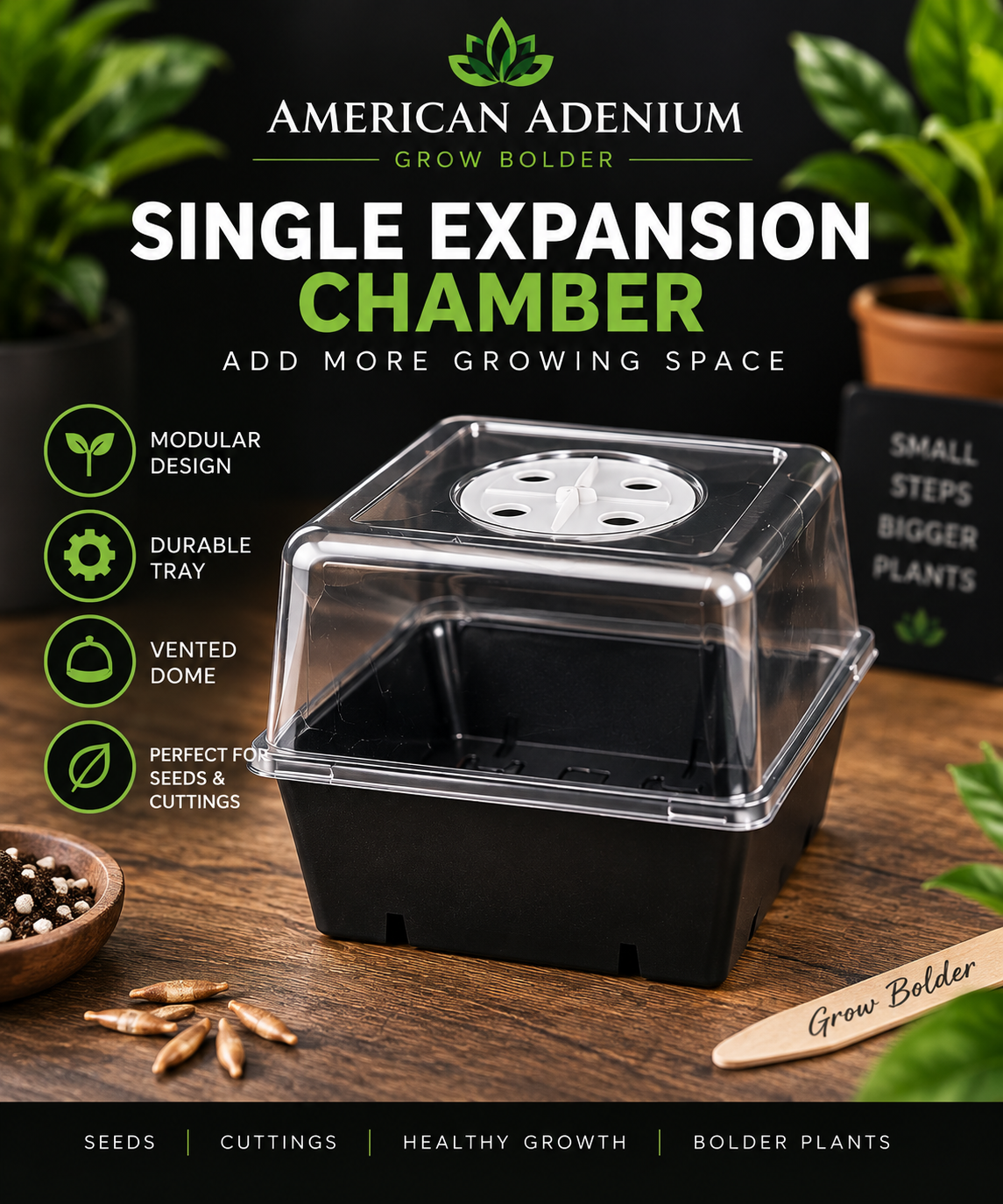 American Adenium Single Expansion Chamber with black tray and clear vented humidity dome