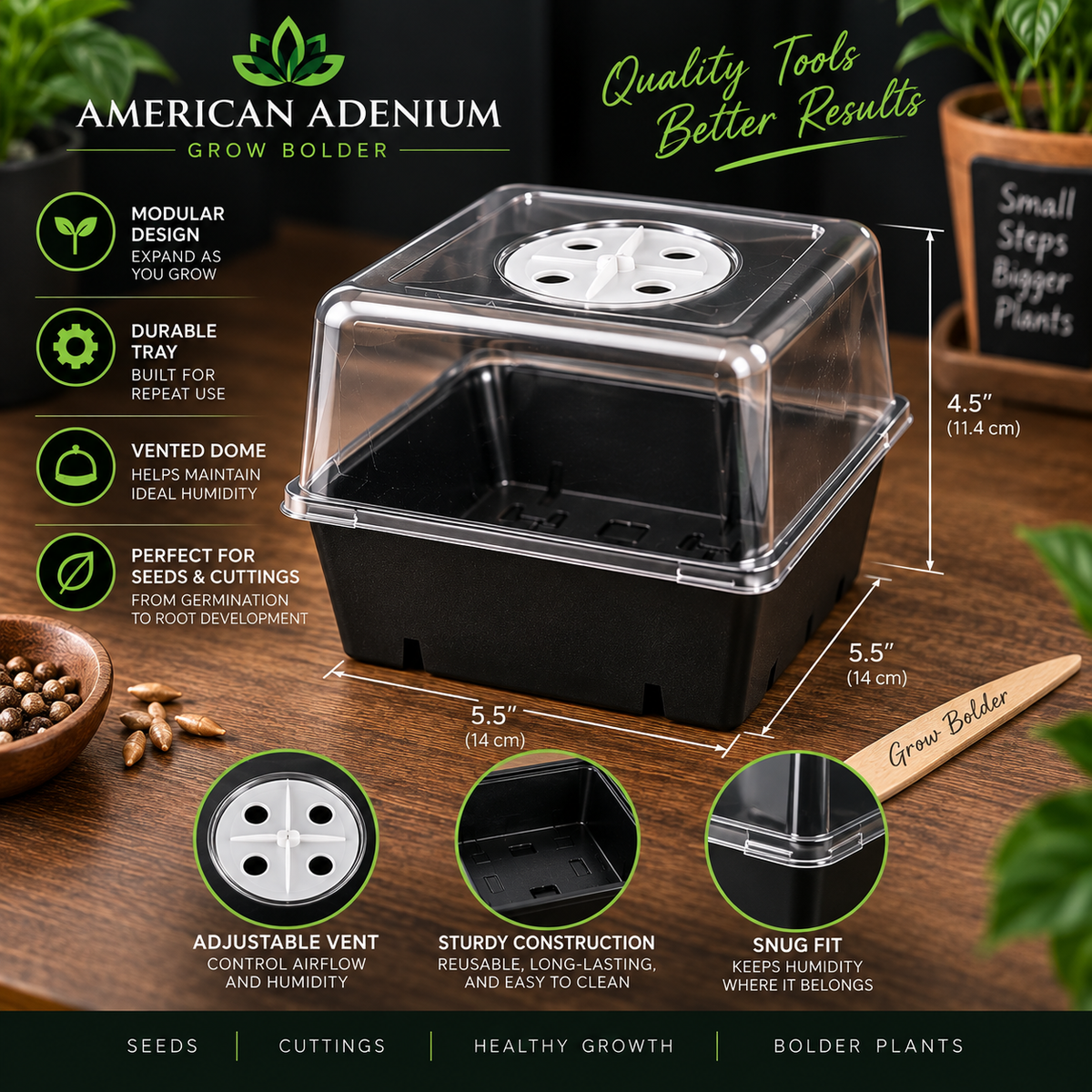 Single germination expansion chamber features adjustable vent, durable tray, and clear humidity dome