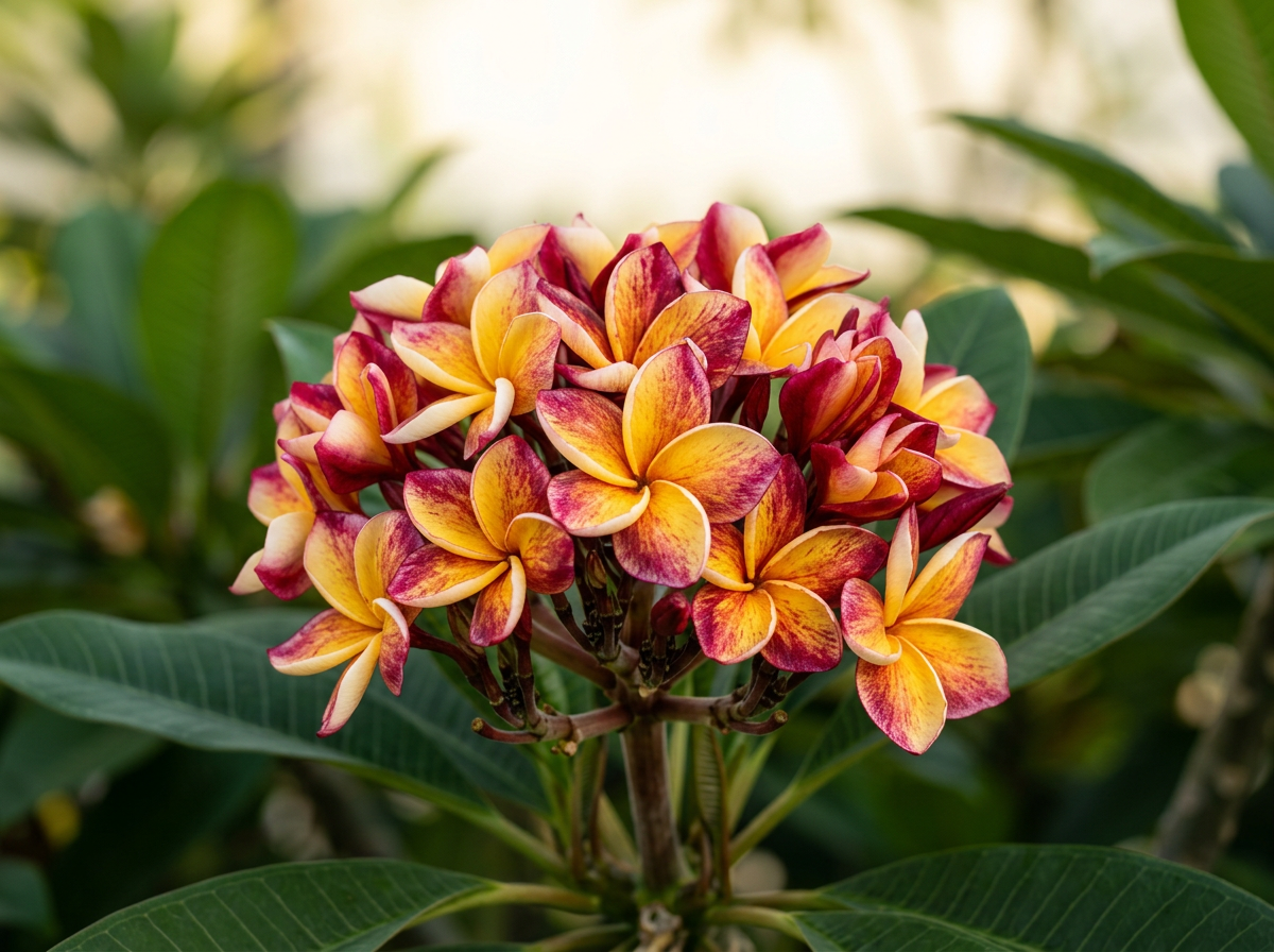 Plumeria rubra 'Pawsang', a Thai cultivar with burgundy and gold splashed frangipani blooms