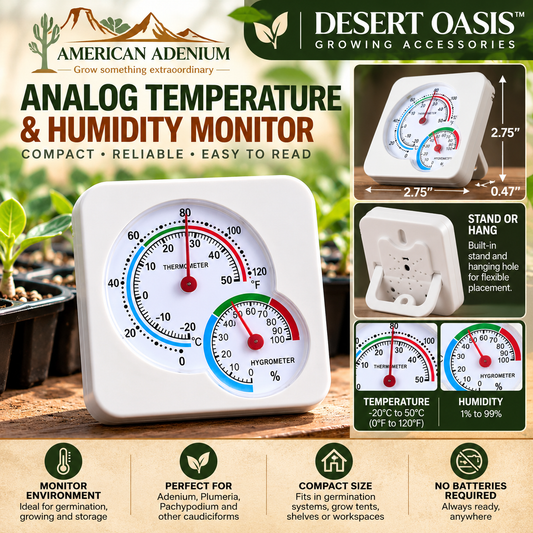 Desert Oasis analog temperature and humidity monitor illustration, dual dial white housing