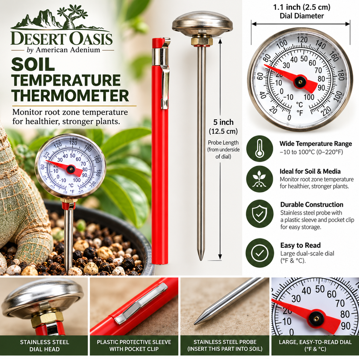 Desert Oasis soil thermometer product infographic
