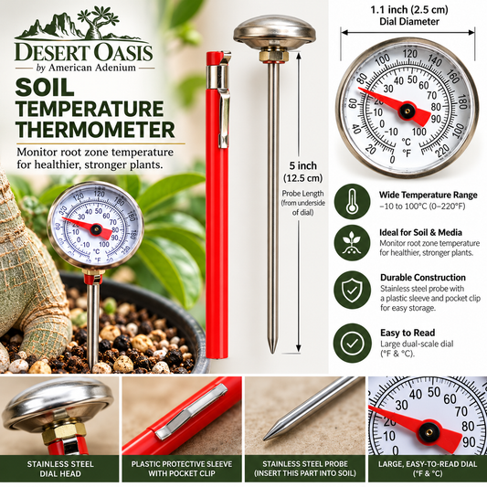 Desert Oasis soil thermometer product infographic